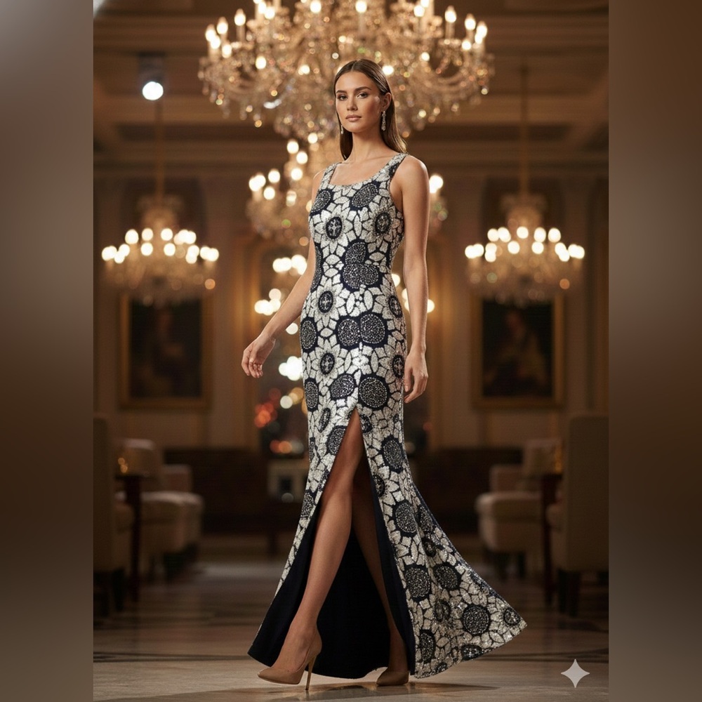 Black Tie Oleg Casini Sequin Elegant Navy Blue and White Floral Evening Gown